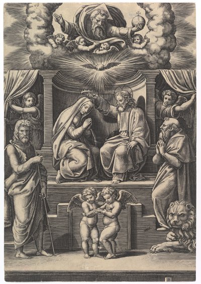 Jomfruens kroning, nederst til venstre står Johannes Døberen, nederst til højre ..., 1530-60. af Master of the Die