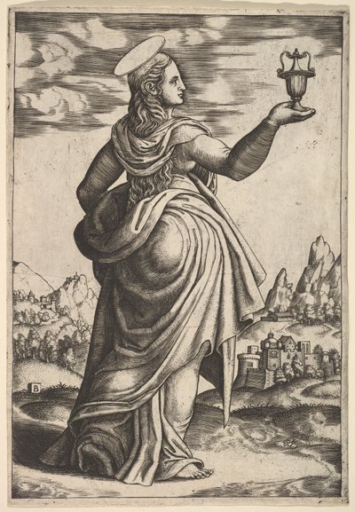 Magdalene stående mod højre, krukke holdt i sin løftede højre hånd, 1530-60. af Master of the Die