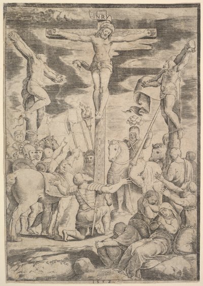 Centurionens omvendelse, der slår sine arme op foran Kristus på korset, 1532. af Master of the Die