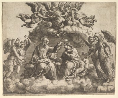 Jomfruens kroning, Kristus holder kronen over sit hoved, Gud Fader velsigne..., 1532. af Master of the Die