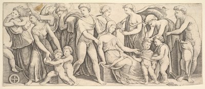 Bryllupet af Jason og Creusa, til venstre Medea tager hendes børn, 1530-60. af Master of the Die