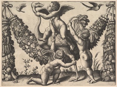 Tre putti før en stor guirlande, den i midten rider en struds, fra en ..., ca. 1530-40. af Master of the Die