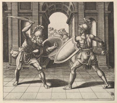 To gladiatorer kæmper foran en bue, 1530-60. af Master of the Die