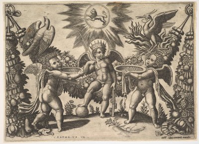 To putti præsenterer bægre fulde af guld til en putto i skikkelse af rigdommens gud..., ca. 1530-40. af Master of the Die