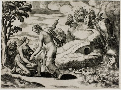 Venus beordrer Psyche til at søge vand fra et springvand bevogtet af drager af Master of the Die