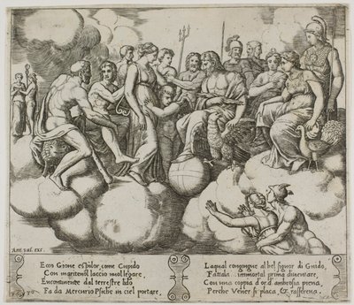 Venus og Amor taler om deres sag i nærvær af Jupiter og andre guder af Master of the Die