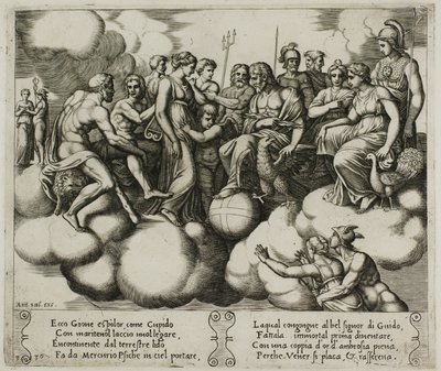 Venus og Amor taler om deres sag i nærvær af Jupiter og andre guder af Master of the Die