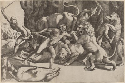 Fem mænd, der kæmper mod udyr af Master of the Die after Giulio Romano