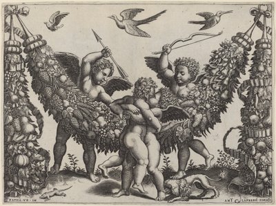 To Putti...slår en anden, der klemmer et barn af Master of the Die after Raphael