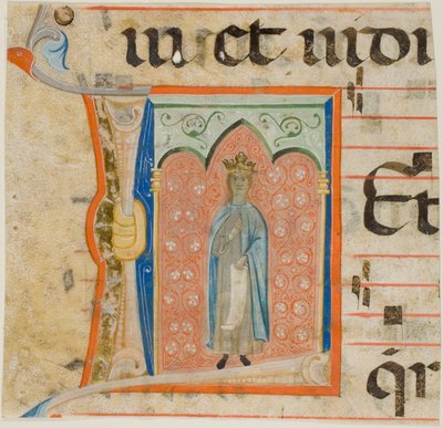 Kvindelig helgen i et historiseret initialt "L" fra en koralbog af Master of the Dominican Effigies