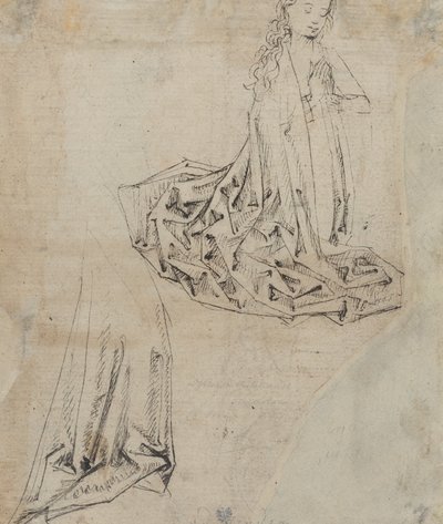 Kvindelig figur knæler i bøn [verso] af Master of the Drapery Studies