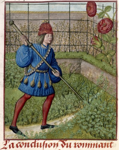 Elskeren i haven passer rosen. af Master of the Dresden Prayer Books