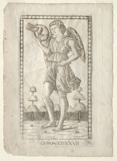 Genius of Time fra Tarocchi, serie B: Cosmic Principles & Virtues, #32, før 1467. af Master of the E Series Tarocchi