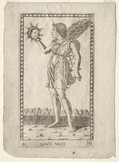 Genius of the Sun fra Tarocchi, serie B: Cosmic Principles & Virtues, #31, før 1467. af Master of the E Series Tarocchi