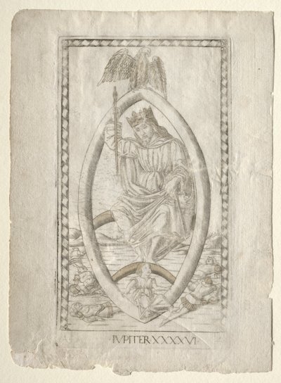 Jupiter fra Tarocchi, serie A: Firmaments of the Universe, #46, før 1467. af Master of the E Series Tarocchi