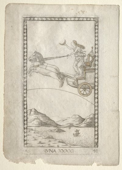 Luna fra Tarocchi, serie A: Firmaments of the Universe, #41, før 1467. af Master of the E Series Tarocchi