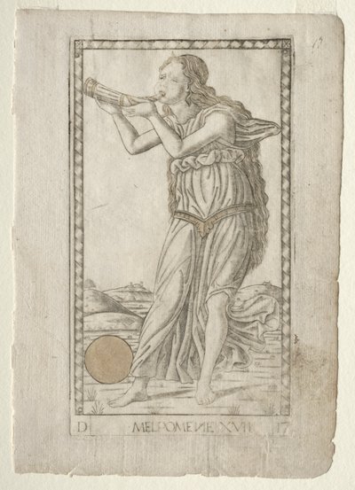 Melpomene-tragedie fra Tarocchi-serien D: Apollo and the Muses, #17, før 1467. af Master of the E Series Tarocchi