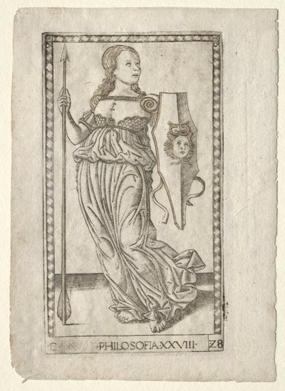 Filosofi fra Tarocchi, serie C: Liberal Arts, #28, før 1467. af Master of the E Series Tarocchi