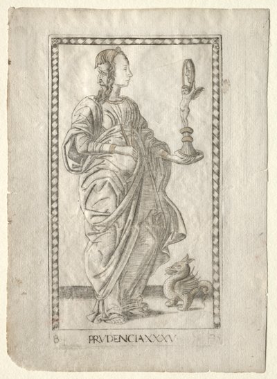 Prudence fra Tarocchi, serie B: Cosmic Principles & Virtues, #35, før 1467. af Master of the E Series Tarocchi