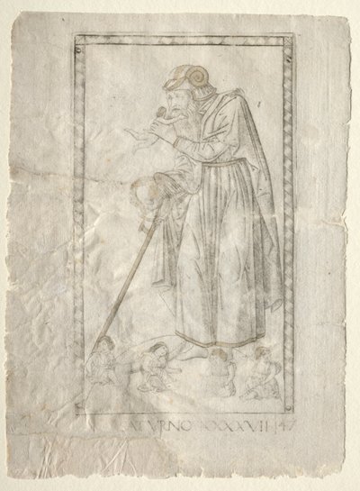 Saturn fra Tarocchi, serie A: Firmaments of the Universe, #47, før 1467. af Master of the E Series Tarocchi