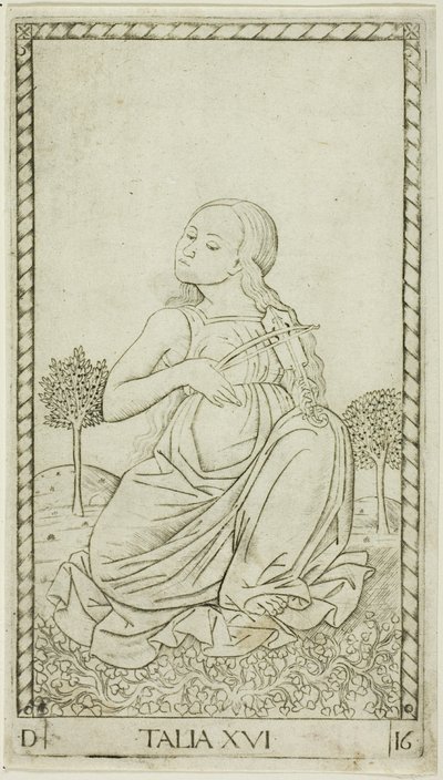 Thalia, tallerken seksten fra Apollo and the Muses af Master of the E Series Tarocchi