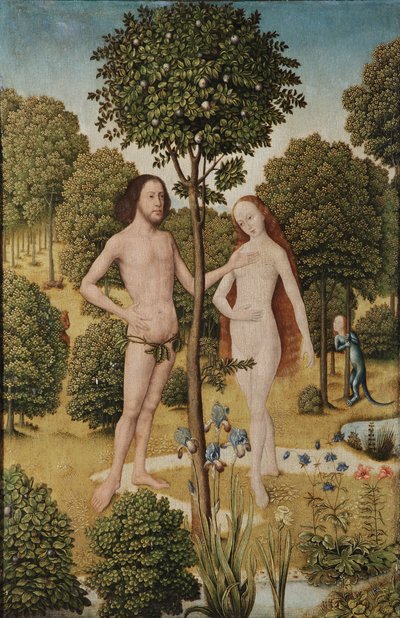 Adam og Eva i Edens Have (olie på panel) af Master of the Embroidered Foliage