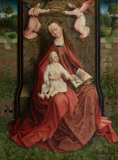 Madonna Crowned by Angels (olie på panel) af Master of the Embroidered Foliage