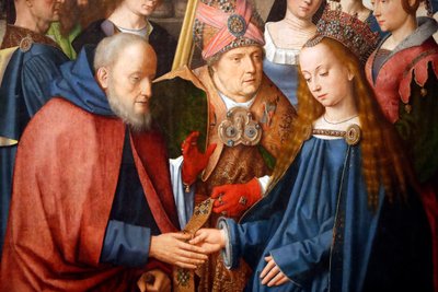 Evora Museum. Mester af Evora-altertavlen. Jomfruens og Josefs bryllup. Olie på panel. Flamsk skole 1500. Portugal. af Master of the Evora Altarpiece