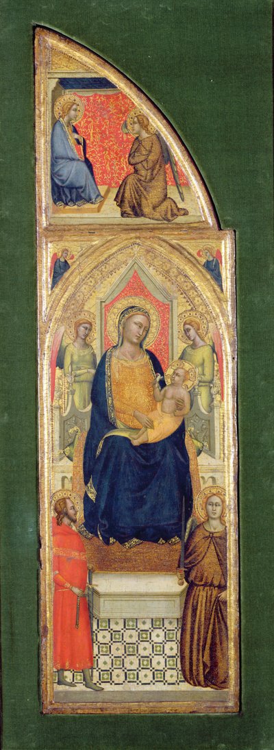 Jomfruen med barnet på tronen (olie på panel) af Master of the Fabriano Altarpiece (attr. to)