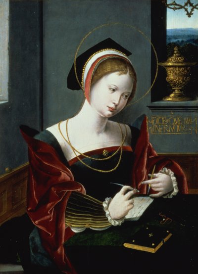 Portræt af en dame, der skriver af Master of the Female Half Lengths