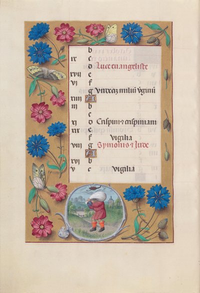 Hours of Dronning Isabella den Katolik, Dronning af Spanien: Fol. 11v, oktober, ca. 1500. af Master of the First Prayerbook of Maximillian