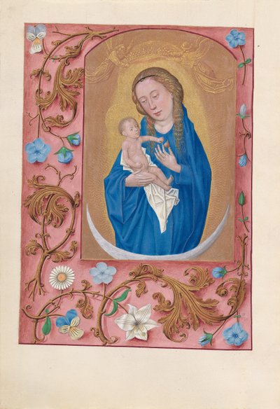 Hours of Dronning Isabella den Katolik, Dronning af Spanien: Fol. 159v, Kvinde klædt i solen, c1500. af Master of the First Prayerbook of Maximillian