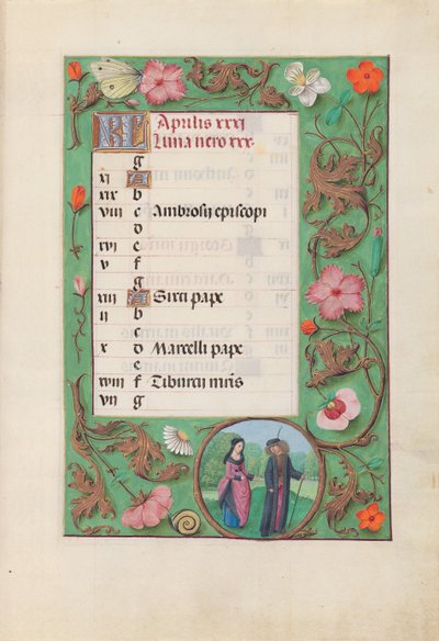 Dronning Isabella den katolske, dronning af Spaniens åbningstider: Fol. 5r, april - Squire and Damsel, ca. 1500. af Master of the First Prayerbook of Maximillian