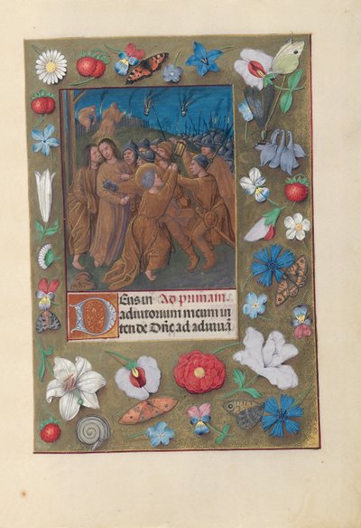Hours of Dronning Isabella den Katolik, Dronning af Spanien: Fol. 61r, Kiss of Judas, ca. 1500. af Master of the First Prayerbook of Maximillian