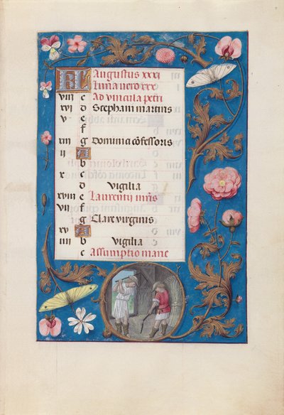 Dronning Isabella den Katolskes timer, dronning af Spanien:  Fol. 9r, august - Tærskning af hvede af Master of the First Prayerbook of Maximillian