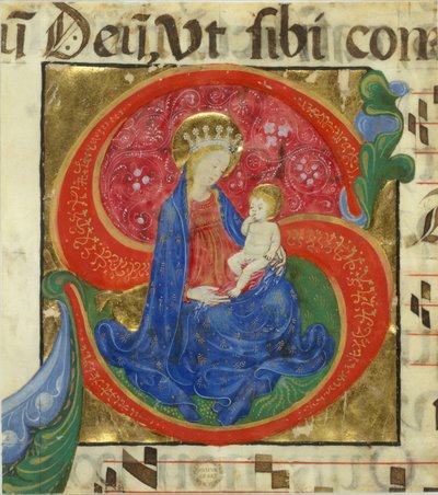 Manuskriptbelysning med jomfruen og barnet i et indledende S, fra en antifonar, midten af 1400-tallet af Master of the Franciscan Breviary