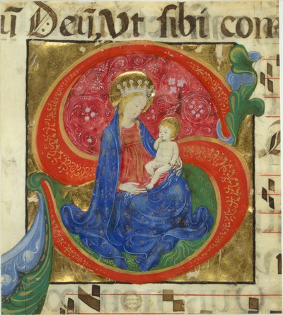 Manuskriptbelysning med jomfruen og barnet i en indledende S..., midten af 1400-tallet. af Master of the Franciscan Breviary