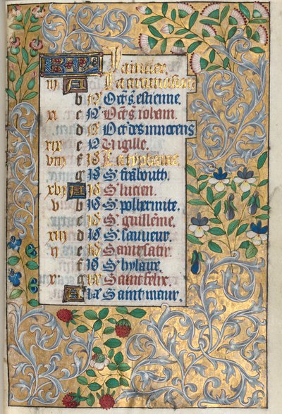 Timebog Brug af Rouen: fol. 1r, Udførlig foliated Border, ca. 1470. af Master of the Geneva Latini