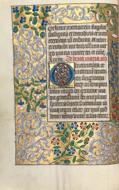 Timebog Brug af Rouen: fol. 22v, stor initial O med udførlig kant, ca. 1470. af Master of the Geneva Latini