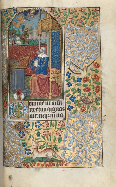 Timebog Brug af Rouen: fol. 80r, David Penitent, in the Distance David Slaying Goliath, c1470 af Master of the Geneva Latini
