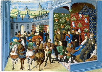 Kong Charles VI af Frankrig modtager de engelske udsendinge. Fra Jean Froissarts Chroniques, før af Master of the Harley Froissart