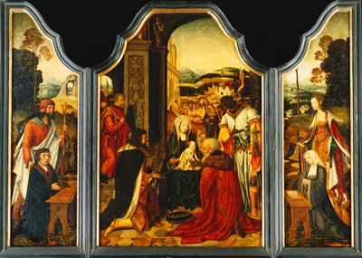 Triptykon: Tilbedelse af Magi, hvor St. James præsenterer donoren og St. Catherine af Alexandria præsenterer donorens kone og to døtre af Master of the Holy Blood
