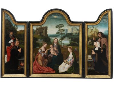Jomfru og barn med St. Catherine og St. Barbara, ca. 1520-25 (olie på panel) af Master of the Holy Blood