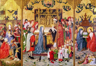 Altertavle over Jomfruens syv glæder, der viser tilbedelsen af vismændene, præsentationen i templet og Kristus, der viser sig for Maria, ca. 1480 af Master of the Holy Family