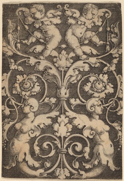 Opretstående ornament med to sirener af Master of the Horse Heads