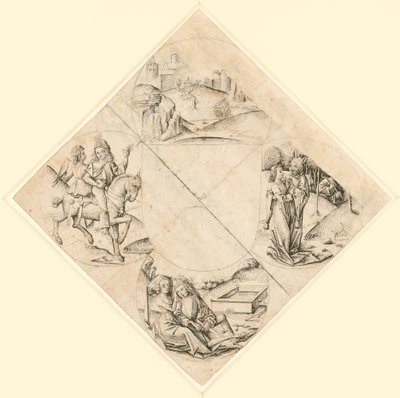 Design til et firkløver med et slot, to elskende, en jomfru, der fristes af en nar, et par, der sidder ved et trug, og en ridder og hans elskerinde på en hest af Master of the Housebook