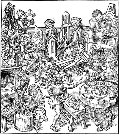 Merkur og hans børn. Illustration fra Husbogen, 1480