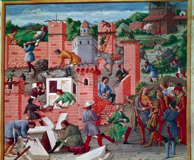Bygningen af byen Rom. Tvillingerne Romulus og Remus besøger stedet (eftersyn af arbejde og forhåndsarbejde). Arbejderne er aktive i opgaven: Macons, Stenskræddere, bærere, marmor og cement (fremstilling af cement) på arbejde. Miniature i "" Romuleon. af Master of the Innocent III missal