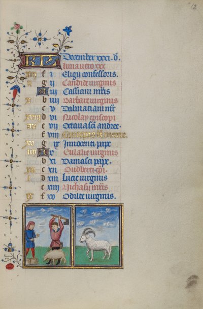 Kalenderside for december; Slagtning af en gris; Stenbukken af Master of the Lee Hours