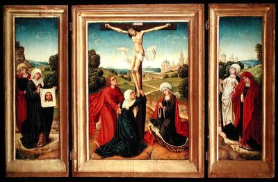 Triptykon med det centrale panel, der forestiller korsfæstelsen med Jomfruen, Johannes og Maria Magdalena; venstre fløj: St. Veronica og en kvindelig helgen; og højre fløj: The Two Marys (olie på panel) af Master of the Legend of St. Catherine